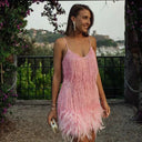 Glitter Evening Dress with Feathers & Shimmering Accents