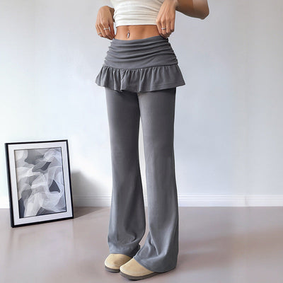 Ruffled Waistband Wide Leg Women's Trousers