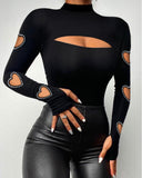 Chic Long Sleeve Bodysuit with Heart Cut-Outs and Rhinestone Accents
