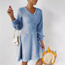 Women's V-Neck Long Sleeve Fleece Dress – Chic & Cozy Style