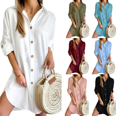 Chic Women's Shirt Dress with Button Accents and Side Slits