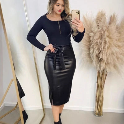 Figure-Hugging Faux Leather Skirt with Bow Accent