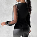Chic Women’s Top with Sheer Puff Sleeves and Pearl Accents