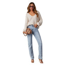 Chic Women's High-Waist Jeans with Frayed Hem