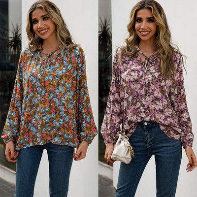 Floral Patterned Women's Blouse with Ruffle Accents