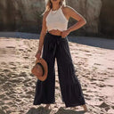 Women's Chic Palazzo Pants with Elastic Waist and Stylish Tie Belt