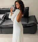 Chic Women's Midi Dress with Deep Back Cut and Striped Design