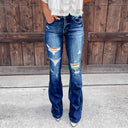 Trendy High-Waist Flared Jeans with Distressed Design