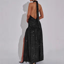 Chic Evening Gown with Deep V-Neck and Ruffle Accents