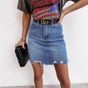 Trendy Women's Frayed Hem Denim Skirt