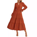 Women's Ruffle-Detail Maxi Dress with V-Neck Design