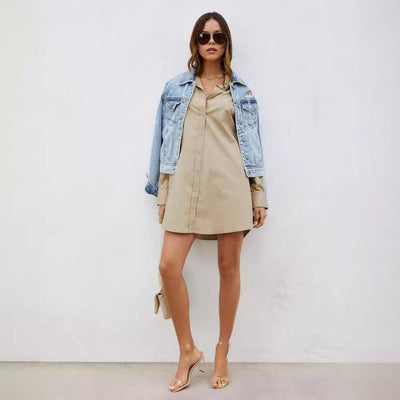 Chic Women's Button-Up Shirt Dress with Stylish Sleeve Accents