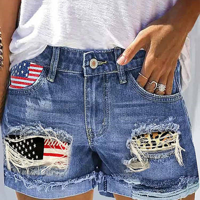 Trendy Women's Flag Design Denim Shorts with Rips
