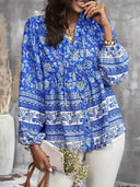Colorful Floral Women's Blouse with Ruffled Sleeves