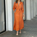 Women's Linen Maxi Dress with Button Placket and Side Slits