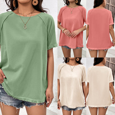 Chic Women's T-Shirt with Fringed Sleeves and Round Neck