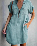 Chic Women's Denim Shirt Dress with Pockets & Modern Zipper