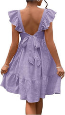 Women’s Cotton Dress with Ruffle Accents and Open Back Design