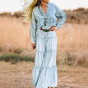 Boho Chic Women's Denim Maxi Dress with Ruffled Skirt