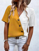 Chic Asymmetrical Short Sleeve Blouse with Button Accents