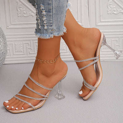 Chic Rhinestone Embellished Slide Sandals with Clear Heel