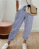 Women's Striped Pants with Elastic Waist and Side Pockets