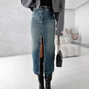 High Slit Women's Denim Skirt in Trendy Distressed Style