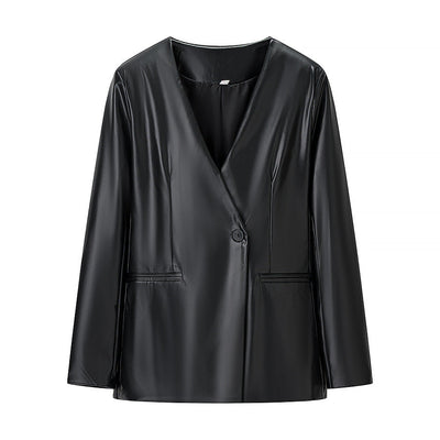 Chic Long Blazer Crafted from Faux Leather