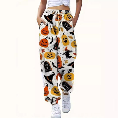 Women's Halloween Motif Pants with Elastic Waist