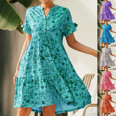 Floral Dress with Button Placket & Ruffle Accents