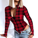 Chic Women's Long Sleeve Zipper Bodysuit with Check Design