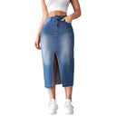 Trendy Women's Denim Midi Skirt with High Slit & Frayed Hem