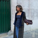 Chic Long Blazer with Check Design and Velvet Collar