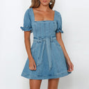 Stylish Women's Denim Dress with Puff Sleeves and Waist Belt