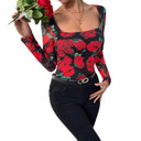 Floral Print Women's Long Sleeve Blouse with Sheer Sleeves