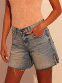 Trendy Denim Shorts for Women with Stud Accents and Fringed Hem