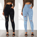 Women's High-Waisted Ripped Skinny Jeans with Chic Button Placket