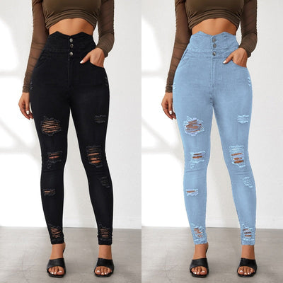 Women's High-Waisted Ripped Skinny Jeans with Chic Button Placket