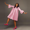 Women's A-Line Dress with Dramatic Sleeves and Luminous Finish