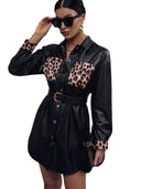 Animal Print Faux Leather Shirt Dress for Women