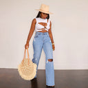 High-Waisted Bootcut Jeans with Trendy Distressed Style for Women