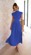 Chic Women's Maxi Dress with Stand-Up Collar and Unique Cut-Out Design