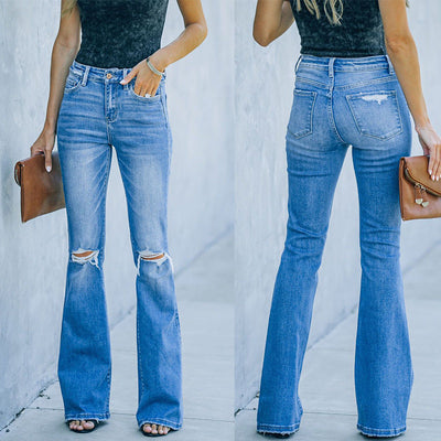 Trendy High-Waisted Flared Jeans with Chic Rips