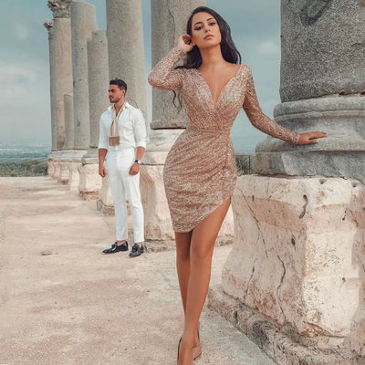 Women's Glitter V-Neck Dress with Asymmetrical Hem