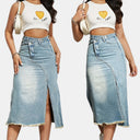 Chic Women's Flared Denim Skirt with Trendy Slit & Frayed Hem