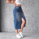 Chic Women's Denim Midi Skirt with High Slit and Frayed Hem