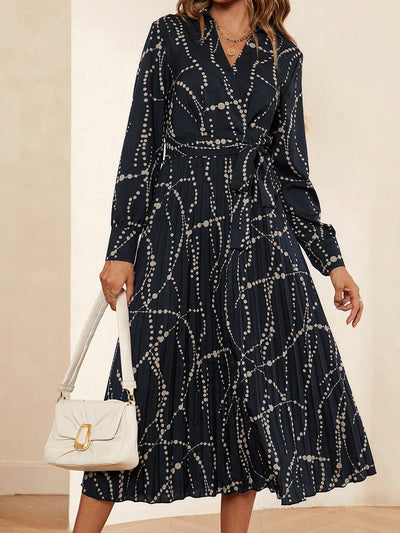 Women's Long-Sleeve Drape Wrap Dress with Knot Detail