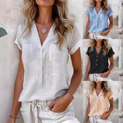 Women's Linen Blouse with Button Detail