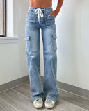 Women's Wide Leg Cargo Jeans with Adjustable Waist