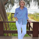 Striped Women's Long Sleeve Blouse with Hidden Button Detail